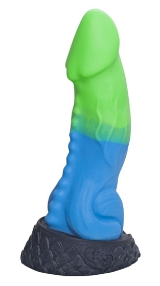 Голубой фаллоимитатор Ночная Фурия Medium с зелёным кончиком - 24,5 см. - фото, цены