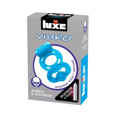 Голубое эрекционное виброкольцо Luxe Vibro Дьявол в доспехах + презерватив - фото, цены