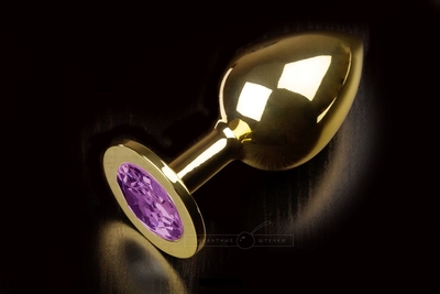 Большая золотая анальная пробка с закругленным кончиком и фиолетовым кристаллом - 9 см. - фото, цены
