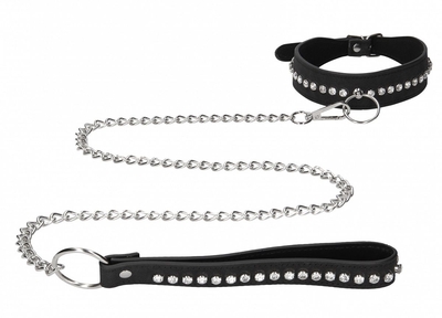 Черный ошейник с поводком Diamond Studded Collar With Leash - фото, цены