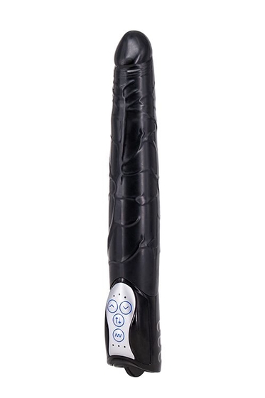 Чёрный вибромассажер Long John Realistic Thrusting Vibrator с функцией толкания - 20 см. - фото, цены
