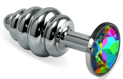 Серебристая ребристая анальная пробка с разноцветным кристаллом - 6 см. - фото, цены