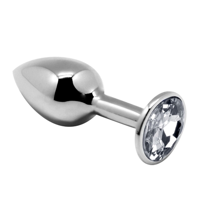 Серебристая анальная втулка с прозрачным кристаллом Mini Metal Butt Plug Size M - 8 см. - фото, цены