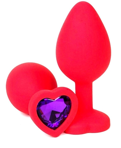 Красная силиконовая анальная пробка с фиолетовым стразом-сердцем - 8,5 см. - фото, цены