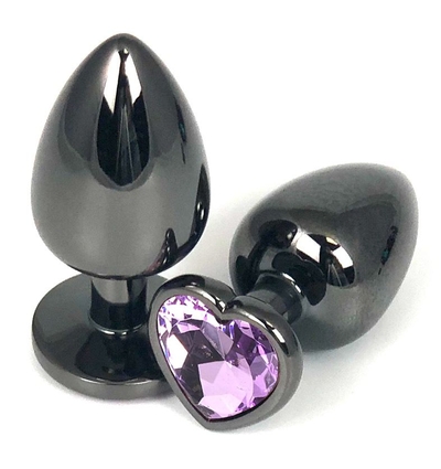 Черная гладкая анальная пробка с сиреневым кристаллом-сердечком - 7,5 см. - фото, цены