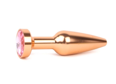 Удлиненная коническая гладкая золотистая анальная втулка с розовым кристаллом - 11,3 см. - фото, цены