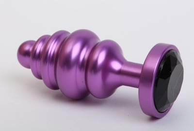 Фиолетовая ребристая анальная пробка с чёрным кристаллом - 7,3 см. - фото, цены