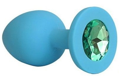 Голубая силиконовая анальная пробка с зеленым кристаллом - 9,5 см. - фото, цены