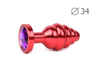 Коническая ребристая красная анальная втулка с кристаллом фиолетового цвета - 8 см. - фото, цены