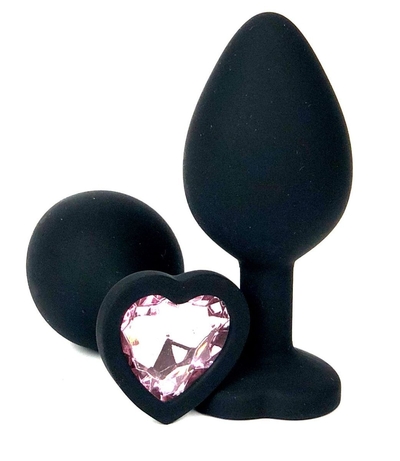Черная силиконовая пробка с нежно-розовым кристаллом-сердцем - 8,5 см. - фото, цены