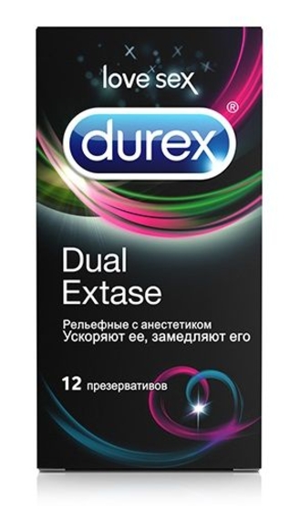Рельефные презервативы с анестетиком Durex Dual Extase - 12 шт. - фото, цены
