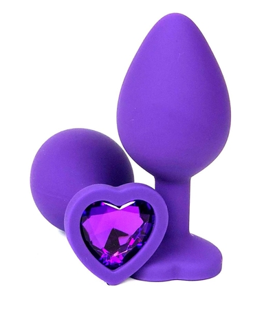 Фиолетовая силиконовая анальная пробка с фиолетовым стразом-сердцем - 8,5 см. - фото, цены