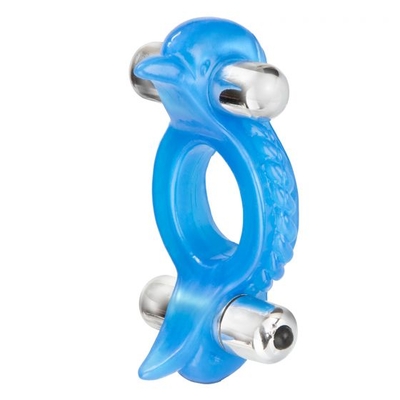 Голубое эрекционное кольцо с 2 виброэлементами Double Dolphin - фото, цены