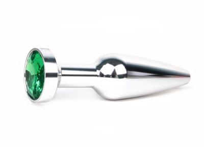 Удлиненная коническая гладкая серебристая анальная втулка с зеленым кристаллом - 11,3 см. - фото, цены