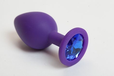 Фиолетовая силиконовая анальная пробка с голубым стразом - 8,2 см. - фото, цены