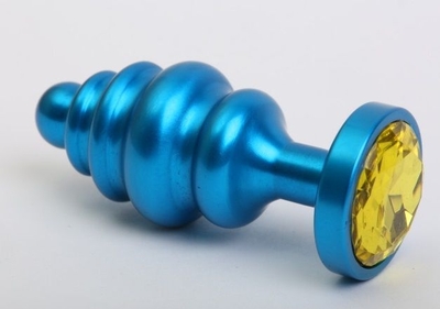 Синяя ребристая анальная пробка с жёлтым кристаллом - 7,3 см. - фото, цены