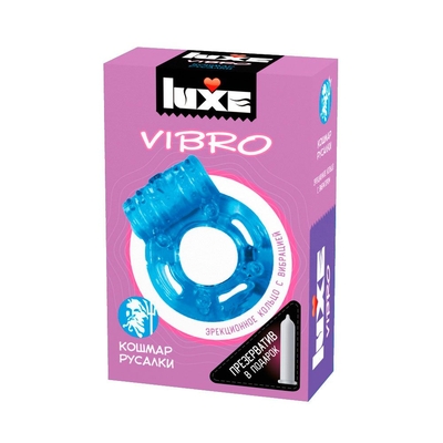 Голубое эрекционное виброкольцо Luxe Vibro Кошмар русалки + презерватив - фото, цены