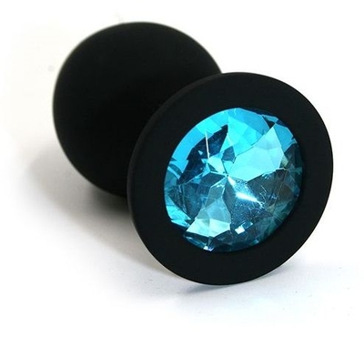 Чёрная силиконовая анальная пробка с голубым кристаллом - 7 см. - фото, цены