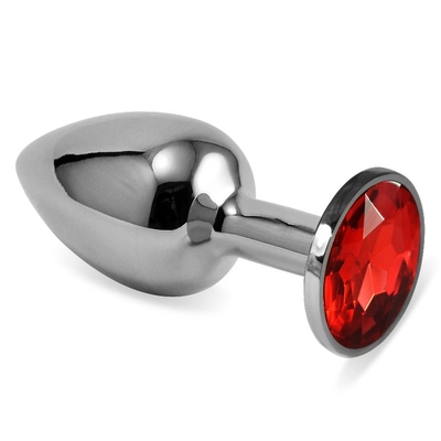 Серебристая анальная пробка с красным кристаллом размера M - 8 см. - фото, цены