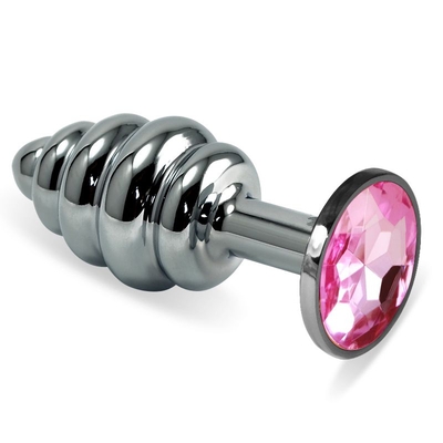 Серебристая ребристая анальная пробка с розовым кристаллом - 7,6 см. - фото, цены
