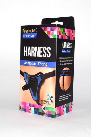 Сине-чёрные трусики с плугом Kanikule Strap-on Harness Anatomic Thong - фото, цены