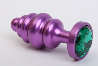 Фиолетовая ребристая анальная пробка с зеленым кристаллом - 7,3 см. - фото, цены