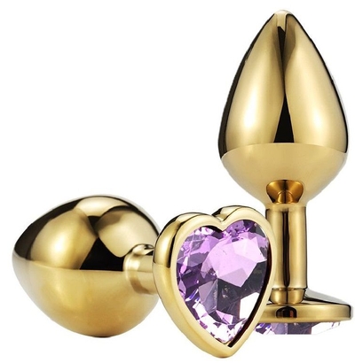 Золотистая анальная пробка с сиреневым кристаллом-сердечком - 6,8 см. - фото, цены