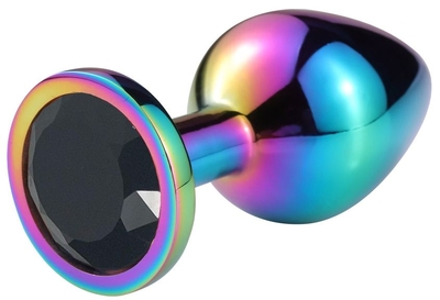 Разноцветная гладкая анальная пробка с черным кристаллом - 8 см. - фото, цены