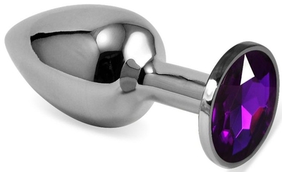 Серебристая гладкая анальная пробка с фиолетовым кристаллом - 5,5 см. - фото, цены