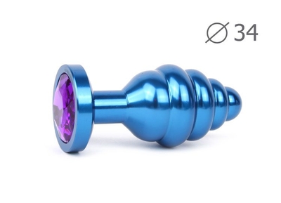 Коническая ребристая синяя анальная втулка с кристаллом фиолетового цвета - 8 см. - фото, цены