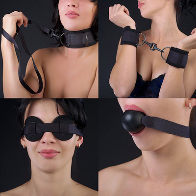 Чёрный комплект для БДСМ-игр: наручники, кляп-шарик, маска, ошейник - фото, цены