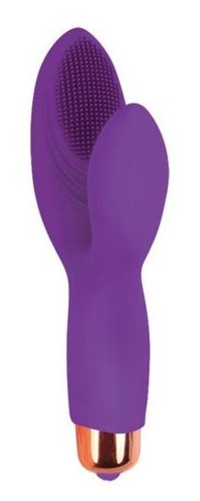 Фиолетовый силиконовый вибромассажер с округлым клиторальным отростком - фото, цены
