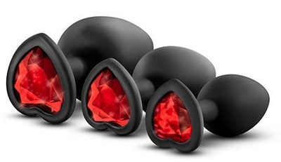 Набор черных анальных пробок с красным кристаллом-сердечком Bling Plugs Training Kit - фото, цены