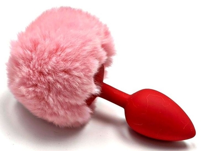 Красная анальная пробка с пушистым нежно-розовым хвостиком зайчика - фото, цены
