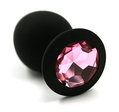 Чёрная силиконовая анальная пробка с светло-розовым кристаллом - 7 см. - фото, цены