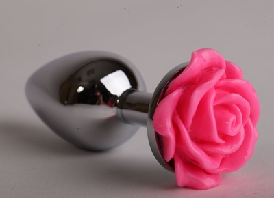 Серебристая анальная пробка с розовой розочкой - 8 см. - фото, цены