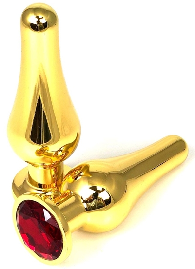 Золотистая удлиненная анальная пробка с красным кристаллом - 8 см. - фото, цены