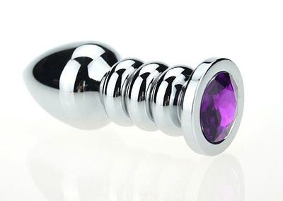 Серебристая фигурная анальная пробка с фиолетовым кристаллом - 10,3 см. - фото, цены