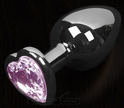 Серая анальная пробка с розовым кристаллом в виде сердечка - 6 см. - фото, цены