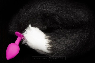 Розовая силиконовая анальная пробка с черным хвостиком - фото, цены