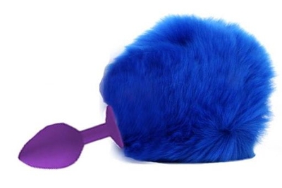 Фиолетовая анальная пробка с пушистым синим хвостиком зайки - фото, цены