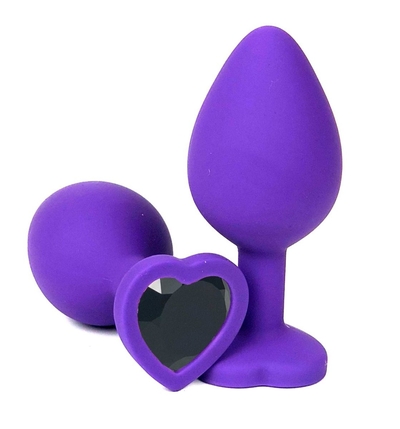 Фиолетовая силиконовая анальная пробка с черным стразом-сердцем - 8,5 см. - фото, цены