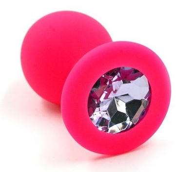 Розовая силиконовая анальная пробка с розовым кристаллом - 7 см. - фото, цены