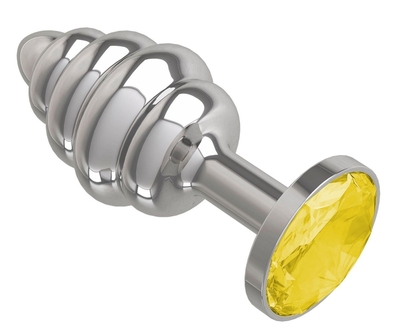 Серебристая спиралевидная анальная пробка с желтым кристаллом - 7 см. - фото, цены