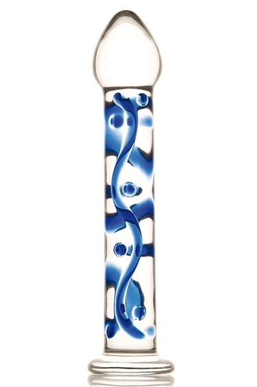 Стеклянный фаллос на подставке с голубым узором - 18 см. - фото, цены