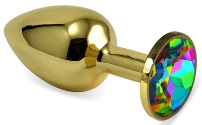 Золотистая анальная пробка с разноцветным кристаллом - 8 см. - фото, цены
