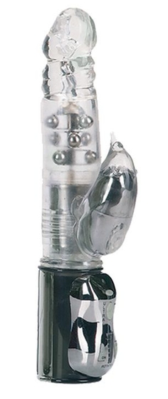 Прозрачный вибромассажёр с вращающимися шариками и клиторальным отростком - 22 см. - фото, цены