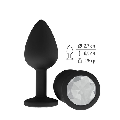 Чёрная анальная втулка с прозрачным кристаллом - 7,3 см. - фото, цены