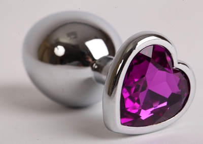 Серебристая анальная пробка с фиолетовым стразиком-сердечком - 8 см. - фото, цены