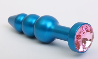 Синяя фигурная анальная пробка с розовым кристаллом - 11,2 см. - фото, цены